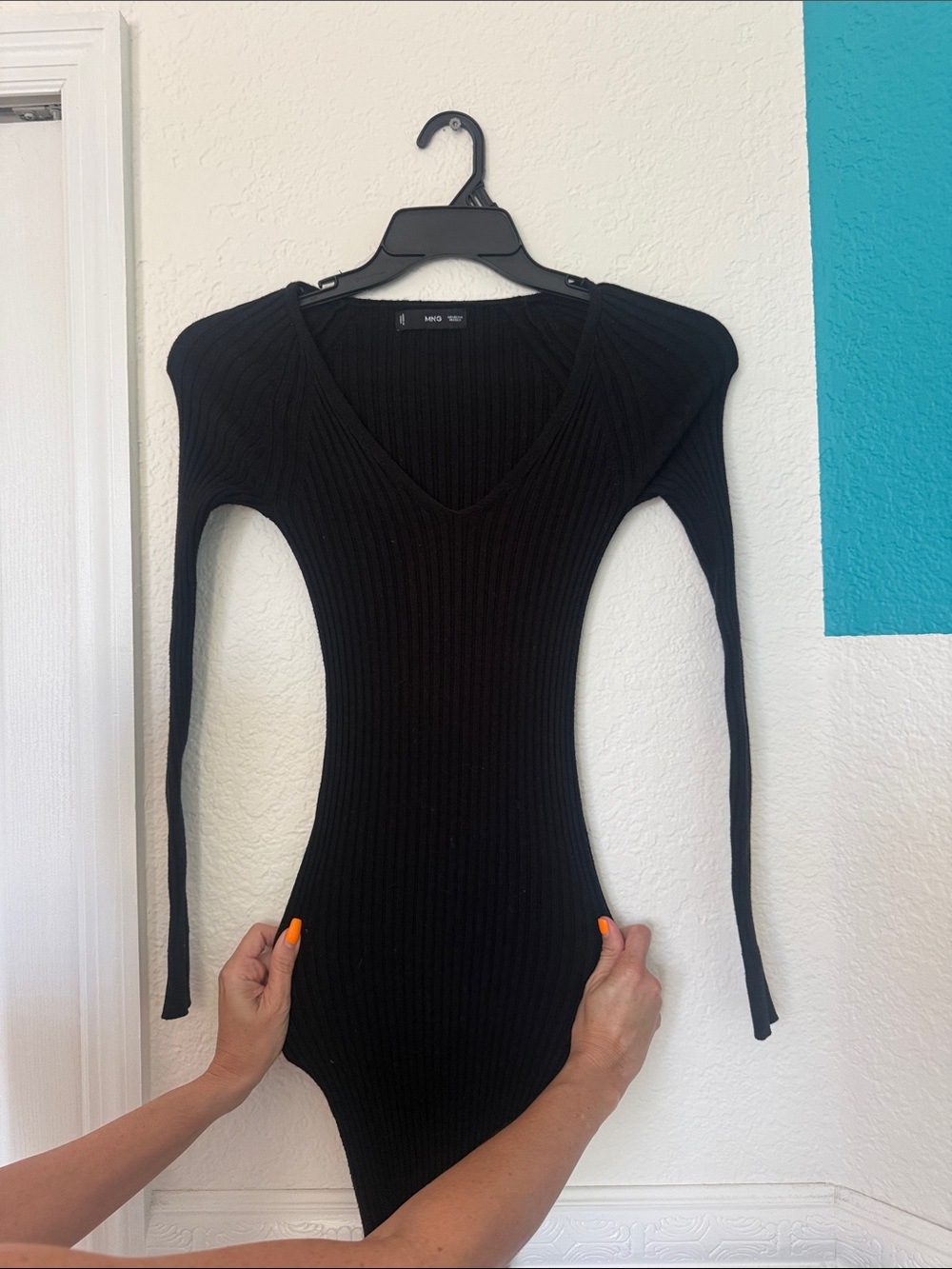 Mango Black Ribbed V-Neck Long Sleeve Bodysuit